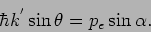 \begin{displaymath}
\hbar k^{'} \sin \theta = p_e \sin \alpha.
\end{displaymath}