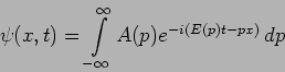 \begin{displaymath}
\psi (x,t) = \int \limits^\infty_{-\infty} A(p) e^{-i (E(p)t - px)} \,
dp
\end{displaymath}