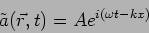 \begin{displaymath}
\tilde{a}(\vec{r},t)=A e^{i(\omega t - k x)}
\end{displaymath}