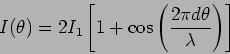 \begin{displaymath}
I (\theta) = 2 I_1 \left[ 1 + \cos \left( \frac{2 \pi d \theta } {
\lambda} \right) \right]
\end{displaymath}