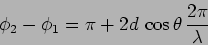 \begin{displaymath}
\phi_2-\phi_1=\pi + 2 d \, \cos \theta \, \frac{2 \pi}{\lambda}
\end{displaymath}